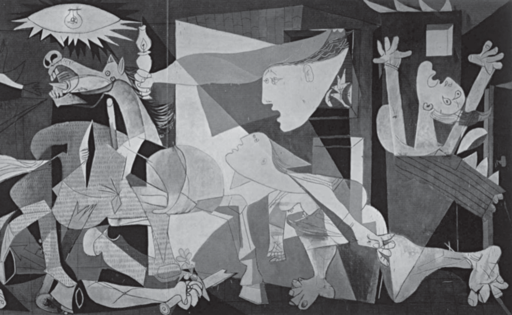 Reprodução em preto e branco de Guernica, de Picasso: painel horizontal com figuras fragmentadas e geometrizadas: à esquerda, um touro e uma mulher gritando com um filho morto nos braços; ao centro, um cavalo ferido de boca aberta sob uma lâmpada em forma de olho e um braço que segura uma vela; no chão, um guerreiro caído com espada quebrada; à direita, mulheres em desespero, uma delas com os braços erguidos em meio a chamas, e um rosto que entra por uma janela.
