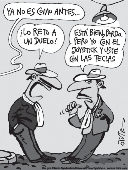 Charge de Tute: dois gaúchos de chapéu, lenço no pescoço e bombachas, frente a frente, sob uma lâmpada. Balão do primeiro: “¡Lo reto a un duelo!”. Balão do segundo: “Está bien, pardo. Pero yo con el joystick y usté con las teclas”. No alto, um balão com “Ya no es como antes...”.