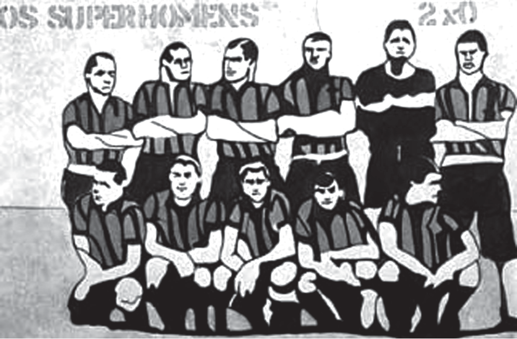 Obra “Superhomens”, de Rubens Gerchman: pintura em traço grosso, em preto, branco e cinza, de um time de futebol posado, seis jogadores em pé de braços cruzados e cinco agachados, de camisas listradas; no alto, os letreiros “OS SUPERHOMENS” e “2 x 0”.