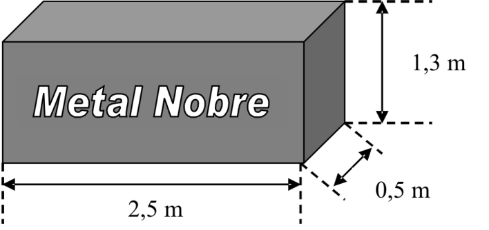 Desenho de um paralelepípedo cinza com a inscrição "Metal Nobre" na face frontal e as dimensões indicadas por setas: 2,5 m de comprimento, 0,5 m de profundidade e 1,3 m de altura.