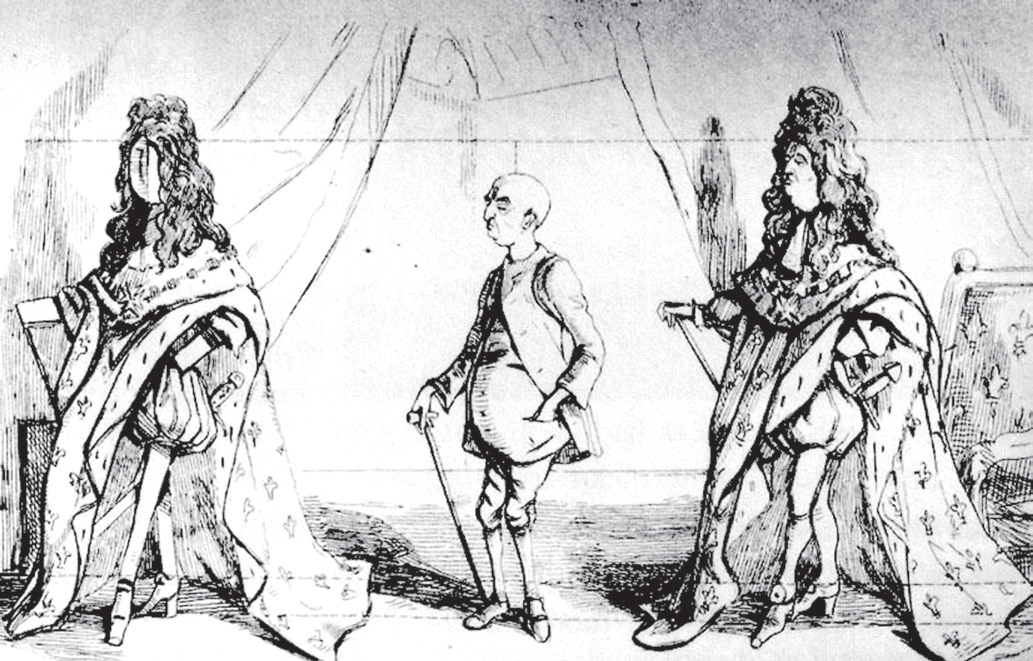 Charge em preto e branco com três figuras diante de cortinas: à esquerda, um manto real coberto de flores-de-lis e uma grande peruca, sem rosto nem corpo visíveis dentro; ao centro, um homem calvo, magro e sem adornos, de casaco simples, apoiado em uma bengala e segurando o chapéu; à direita, o rei completo, com peruca volumosa, manto, espada e sapatos de salto.