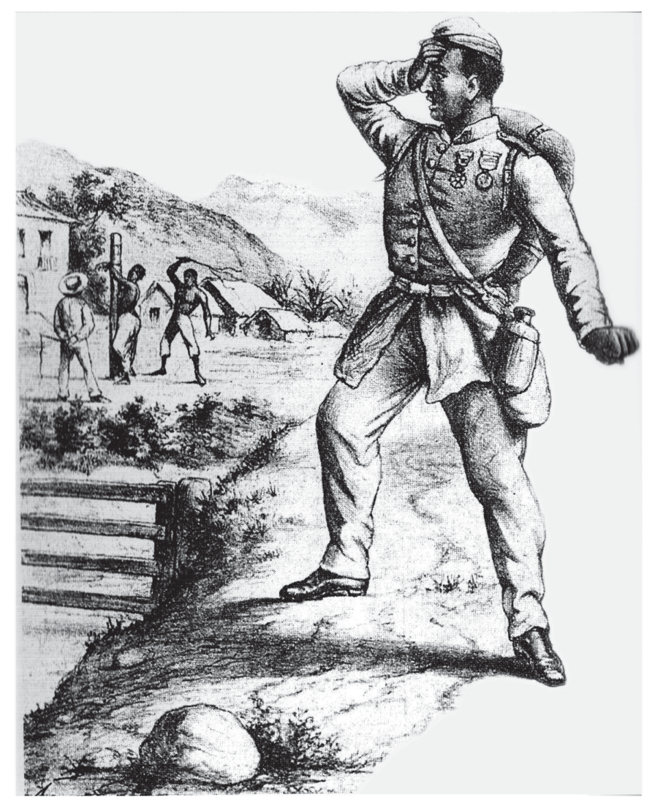 Gravura em preto e branco. Em primeiro plano, um soldado negro uniformizado, com medalhas no peito e mochila às costas, leva a mão à testa e olha para uma cena ao fundo. Ali, junto a casas simples, uma mulher está presa a um tronco enquanto um homem com um chicote a castiga e outro observa. Título abaixo da imagem: De volta do Paraguai.