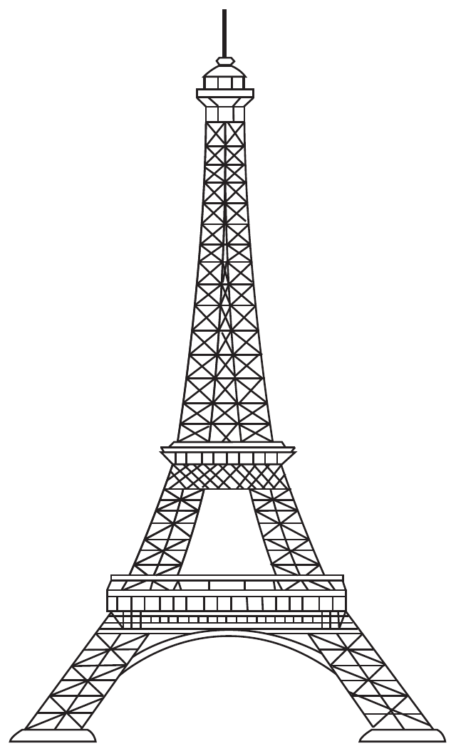 Desenho em traço da Torre Eiffel vista de frente, mostrando a estrutura de treliças de ferro: os quatro pés curvos ligados pelo arco da base, o primeiro e o segundo pavimentos como plataformas horizontais, o corpo afilado entre eles e a torre superior terminando em antena. O desenho não traz medidas nem legendas.