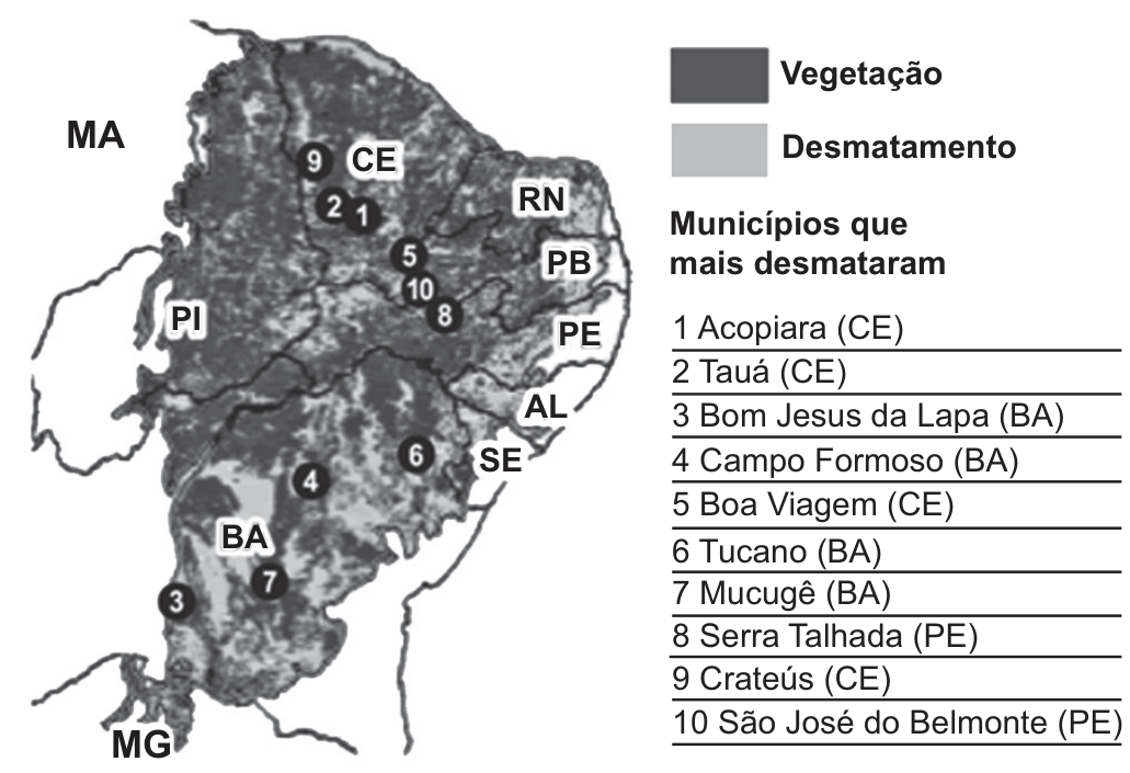 Mapa do bioma Caatinga com o contorno dos estados MA, PI, CE, RN, PB, PE, AL, SE, BA e MG. Áreas de vegetação em cinza-escuro e áreas de desmatamento em cinza-claro, espalhadas por todo o bioma, com manchas maiores no interior da Bahia. Círculos numerados de 1 a 10 marcam os municípios que mais desmataram, listados na legenda: 1 Acopiara (CE), 2 Tauá (CE), 3 Bom Jesus da Lapa (BA), 4 Campo Formoso (BA), 5 Boa Viagem (CE), 6 Tucano (BA), 7 Mucugê (BA), 8 Serra Talhada (PE), 9 Crateús (CE), 10 São José do Belmonte (PE).