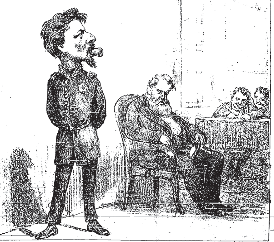Charge em preto e branco: à esquerda, o Conde d'Eu em pé, de uniforme militar, bigode e postura rígida; ao centro, D. Pedro II, de barba branca, adormecido numa poltrona; ao fundo, à direita, dois meninos sentados a uma carteira escolar riem apontando para eles.