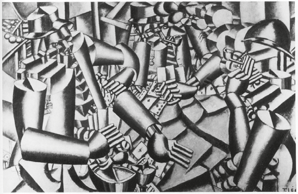 Reprodução em preto e branco da pintura Soldados jogando cartas, de Fernand Léger: várias figuras humanas formadas por cilindros, cones e tubos metálicos, como robôs, sentadas em torno de uma mesa segurando cartas de baralho e cachimbos; capacetes e mãos também são tubulares, e o conjunto ocupa toda a tela em planos geométricos sobrepostos, com forte contraste de luz e sombra.