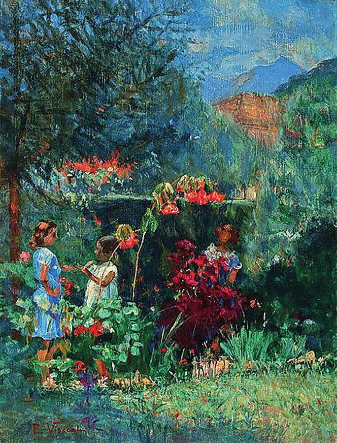 Pintura Três meninas no jardim, de Eliseu Visconti, com três meninas entre flores e vegetação.