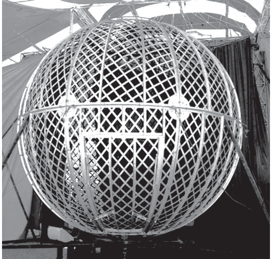 Figura 1: fotografia de um globo da morte, jaula esférica de aço formada por barras cruzadas, montada em um circo.