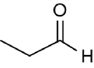 Fórmula estrutural em linhas do propanal: cadeia de três carbonos com um grupo aldeído (C=O e H) na extremidade.