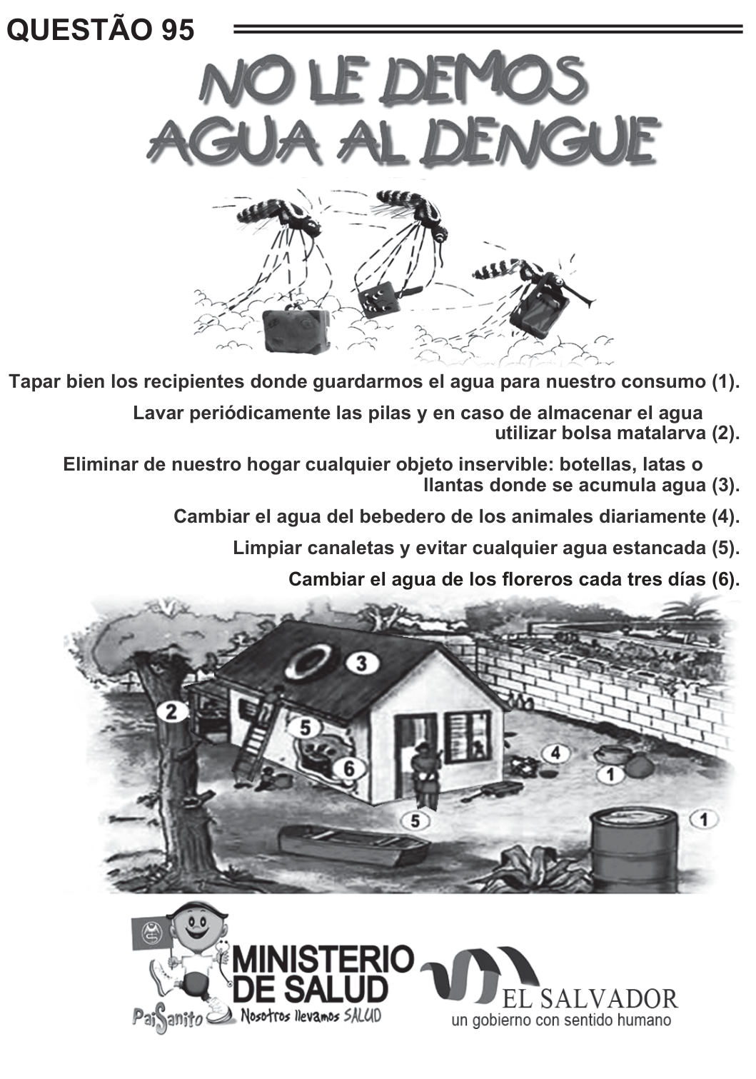 Cartaz de campanha em preto e branco. No alto, em letras grandes desenhadas, o título "NO LE DEMOS AGUA AL DENGUE"; abaixo, três mosquitos desenhados carregando baldes de água. Seguem seis instruções em negrito, cada uma com um número entre parênteses: "Tapar bien los recipientes donde guardarmos el agua para nuestro consumo (1). Lavar periódicamente las pilas y en caso de almacenar el agua utilizar bolsa matalarva (2). Eliminar de nuestro hogar cualquier objeto inservible: botellas, latas o llantas donde se acumula agua (3). Cambiar el agua del bebedero de los animales diariamente (4). Limpiar canaletas y evitar cualquier agua estancada (5). Cambiar el agua de los floreros cada tres días (6)." Abaixo, ilustração de uma casa com quintal em que os números 1 a 6 marcam os pontos correspondentes: tonéis e recipientes de água (1), uma pia/tanque junto à árvore (2), pneu sobre o telhado (3), bebedouro de animais (4), calhas do telhado e um barco velho com água (5) e vaso de flores na janela (6). Na base, os logotipos do Ministerio de Salud (com o mascote "Paisanito" e o lema "Nosotros llevamos SALUD") e de El Salvador ("un gobierno con sentido humano").