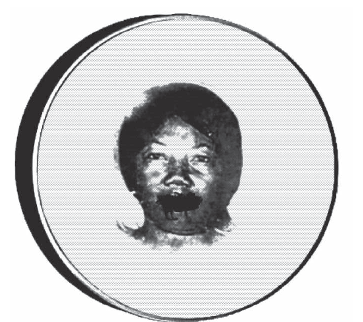 Fotografia em preto e branco de um detalhe da obra: um bastidor de bordado circular com o tecido esticado; sobre o tecido, a imagem fotocopiada (xerox transferida) do rosto de uma mulher negra, de cabelo curto, olhando para a frente, com a boca coberta por costuras de linha escura.