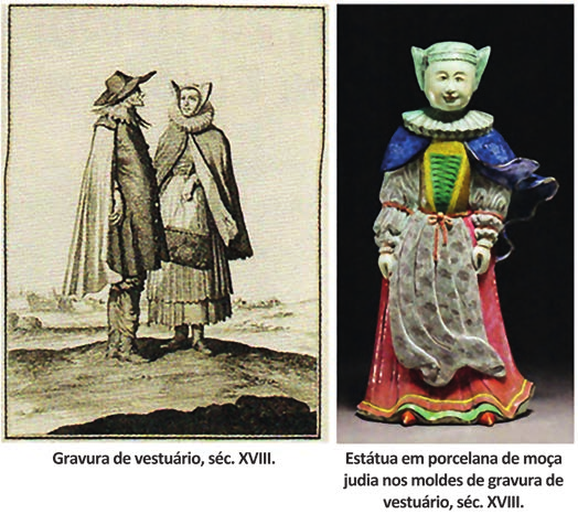 Duas imagens lado a lado, cada uma com sua legenda impressa. À esquerda, gravura em tons de sépia de um casal de pé ao ar livre: um homem de chapéu de aba larga e capa comprida e, ao lado, uma mulher de touca e capa com estampa miúda; legenda: "Gravura de vestuário, séc. XVIII." À direita, fotografia de uma estátua de porcelana colorida de uma moça em pé, com touca verde de abas, gola branca franzida, corpete azul e verde, avental claro e saia vermelha; o rosto tem traços orientais; legenda: "Estátua em porcelana de moça judia nos moldes de gravura de vestuário, séc. XVIII."