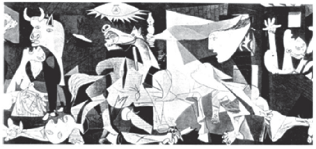 Reprodução em preto e branco do mural Guernica, de Picasso, em estilo cubista: à esquerda, um touro e uma mulher de cabeça erguida gritando com uma criança inerte nos braços; ao centro, um cavalo com a boca aberta e o corpo atravessado, sob uma lâmpada em forma de olho, e um guerreiro caído segurando uma espada quebrada; à direita, mulheres com os braços erguidos e rostos deformados; formas angulosas e fragmentadas em preto, branco e cinza.