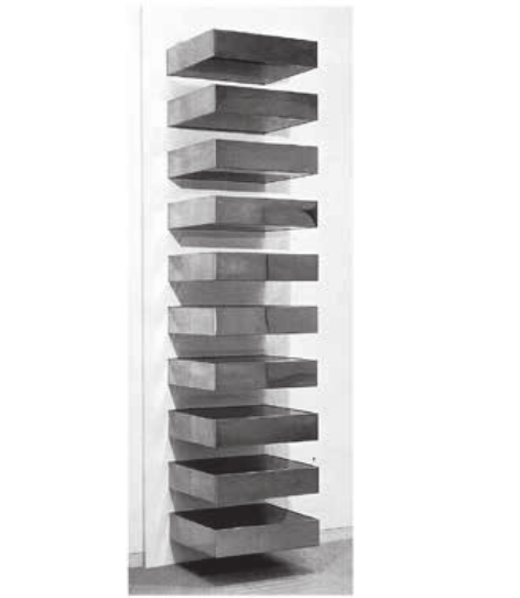 Fotografia da obra Sem título, de Donald Judd, com módulos retangulares separados e dispostos verticalmente junto à parede.