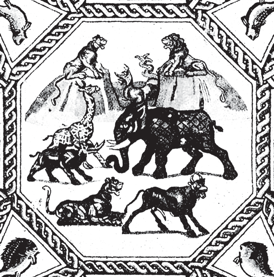 Mosaico em tons de cinza com moldura de tranças e um painel octogonal. No painel, sobre fundo claro, aparecem um elefante com manta decorada e presas, uma girafa, um leão deitado sobre uma rocha, um tigre, um touro, uma leoa sobre outra rocha e outros animais; nos triângulos dos cantos há peixes e animais marinhos.