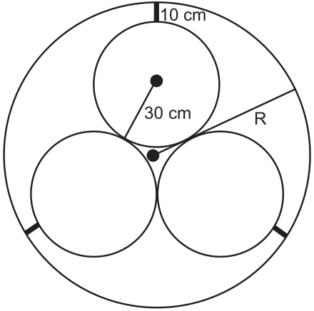 Figura: um círculo grande contendo três círculos iguais tangentes entre si, dois embaixo e um em cima; no círculo de cima, o raio de 30 cm marcado do centro à borda; entre a borda do conjunto e o círculo grande, a distância de 10 cm; um raio R do círculo grande desenhado à direita; pequenos espaçadores marcados nos pontos de contato com o círculo grande.