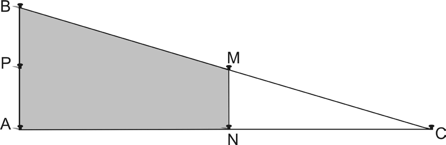 Triângulo retângulo com vértices B (em cima à esquerda), A (embaixo à esquerda, ângulo reto) e C (à direita). P é o ponto médio de AB, M o ponto médio de BC e N o ponto médio de AC. A região ABMN, um trapézio, está sombreada em cinza.