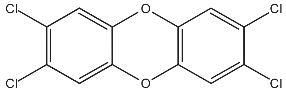 Fórmula estrutural da 2,3,7,8-tetraclorodioxina: dois anéis benzênicos ligados por um anel central de seis membros com dois átomos de oxigênio (um acima e outro abaixo); em cada anel benzênico, dois átomos de cloro (Cl) ligados em carbonos vizinhos, nas extremidades esquerda e direita da molécula.