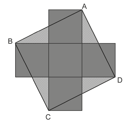 Figura formada por cinco quadrados cinza iguais dispostos em cruz (um central e quatro nos lados). Sobre a cruz está desenhado um quadrado inclinado ABCD: A é o canto superior direito do quadrado de cima, B é o canto superior esquerdo do quadrado da esquerda, C é o canto inferior esquerdo do quadrado de baixo e D é o canto inferior direito do quadrado da direita. As partes do quadrado ABCD que ficam fora da cruz aparecem em cinza-claro pontilhado.