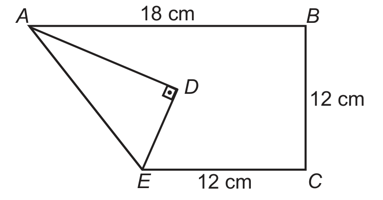 Folha depois da dobra. O lado de cima, AB, é horizontal e mede 18 cm; o lado direito, BC, é vertical e mede 12 cm; do lado de baixo resta o trecho EC, horizontal, que mede 12 cm, com E à esquerda de C. Do vértice A, no alto à esquerda, parte o segmento AE, inclinado, que desce até o ponto E. A parte dobrada aparece como o triângulo ADE, sobre a folha, com ângulo reto marcado no vértice D, que fica entre A e E, à direita do segmento AE.