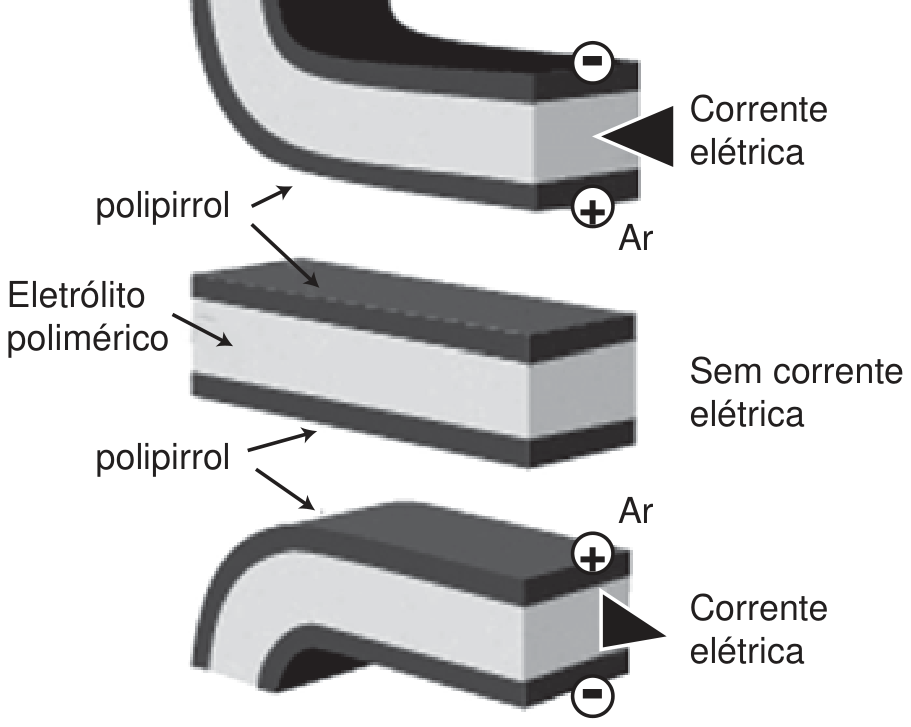 Esquema de um dispositivo em três camadas: dois filmes escuros de polipirrol envolvendo um filme branco de eletrólito polimérico. No centro, o sanduíche reto, com a legenda “Sem corrente elétrica”. Acima e abaixo, o mesmo dispositivo curvado em sentidos opostos, com os sinais + e − nas faces, a indicação “Corrente elétrica” com setas e a palavra “Ar” ao lado das faces externas.