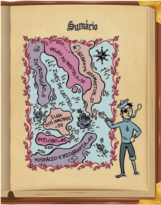 Página de história em quadrinhos que reproduz o sumário de um livro como um mapa antigo desenhado sobre um pergaminho, com moldura de folhagens, rosa dos ventos, caravela e criaturas marinhas. Cada região do mapa traz um título seguido do número da página: "INTRODUÇÃO...5"; "INÊS DE CASTRO...9"; "VELHO DO RESTELO...15"; "GIGANTE ADAMASTOR...21"; "ILHA DOS AMORES...35"; "EPÍLOGO...45"; "POSFÁCIO E BIOGRAFIA...47". No alto, a palavra "Sumário" em letras decoradas. À direita, um marinheiro de tapa-olho e cachimbo aponta para o mapa.