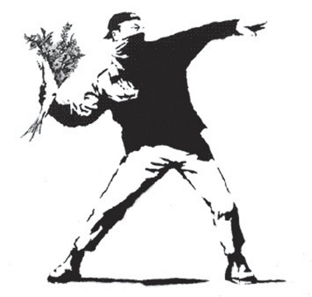 Estêncil em preto e branco de Banksy: um homem com boné e o rosto coberto por um lenço, em posição de arremesso, com o braço direito estendido para trás e as pernas afastadas, prestes a lançar, em vez de uma pedra, um buquê de flores que segura na mão.