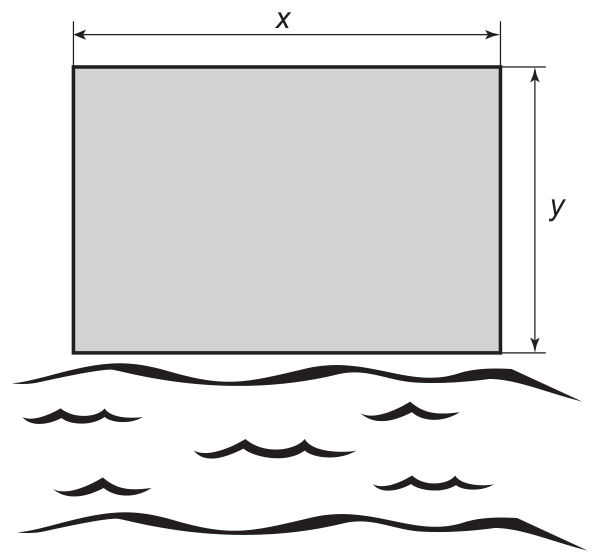 Retângulo cinza com a dimensão horizontal indicada por x (cota no topo) e a vertical por y (cota à direita). Abaixo do lado inferior, linhas onduladas representam um rio, paralelo ao lado de medida x.