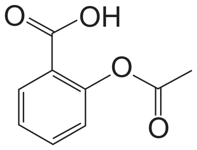 Fórmula estrutural em bastão do ácido acetilsalicílico: anel benzênico com dois substituintes vizinhos; acima, um grupo carboxila (C=O e OH); ao lado, um oxigênio ligado ao anel e a um grupo acetila (C=O com CH₃), formando um éster.