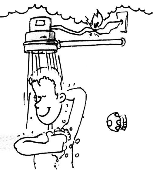 Desenho humorístico de uma pessoa tomando banho de chuveiro elétrico, sorrindo, com sabonete na mão. Acima do chuveiro, os fios da instalação estão descobertos e emaranhados e sai uma chama deles, com fumaça no teto; há um chuveiro que deveria estar conectado e um outro pequeno objeto à direita.