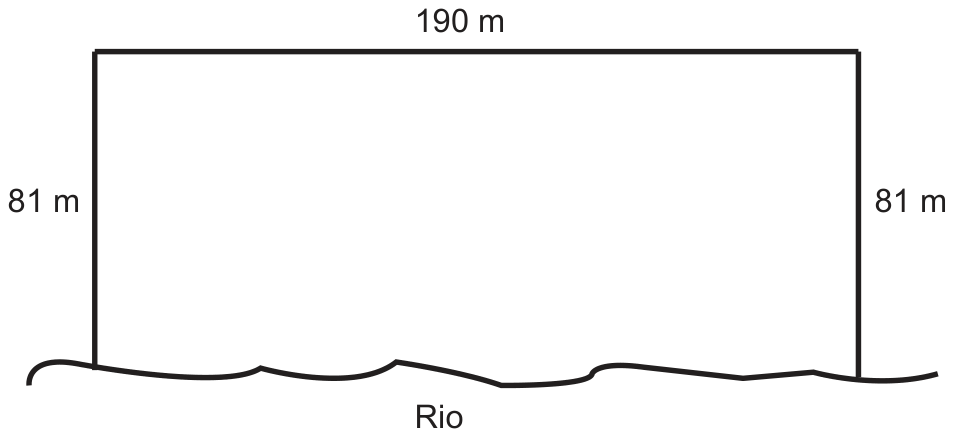 Desenho de um terreno retangular: lado superior de 190 m, lados esquerdo e direito de 81 m; o lado inferior é uma linha ondulada rotulada Rio.