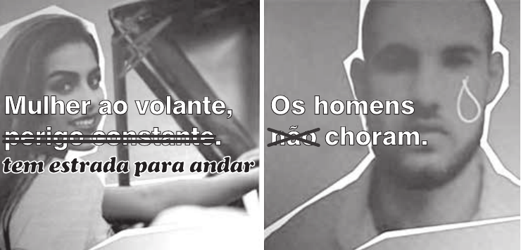 Painel com duas fotografias lado a lado, textos sobrepostos e trechos riscados.