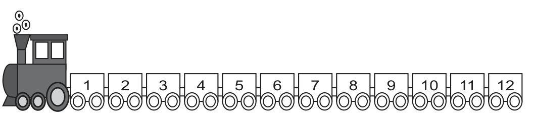 Desenho de um trem de brinquedo visto de lado: à esquerda, uma locomotiva escura soltando fumaça; atrás dela, engatados em fila, doze vagões retangulares iguais, numerados em ordem, da esquerda para a direita, de 1 a 12. Os vagões aparecem em branco, sem indicação de cor.