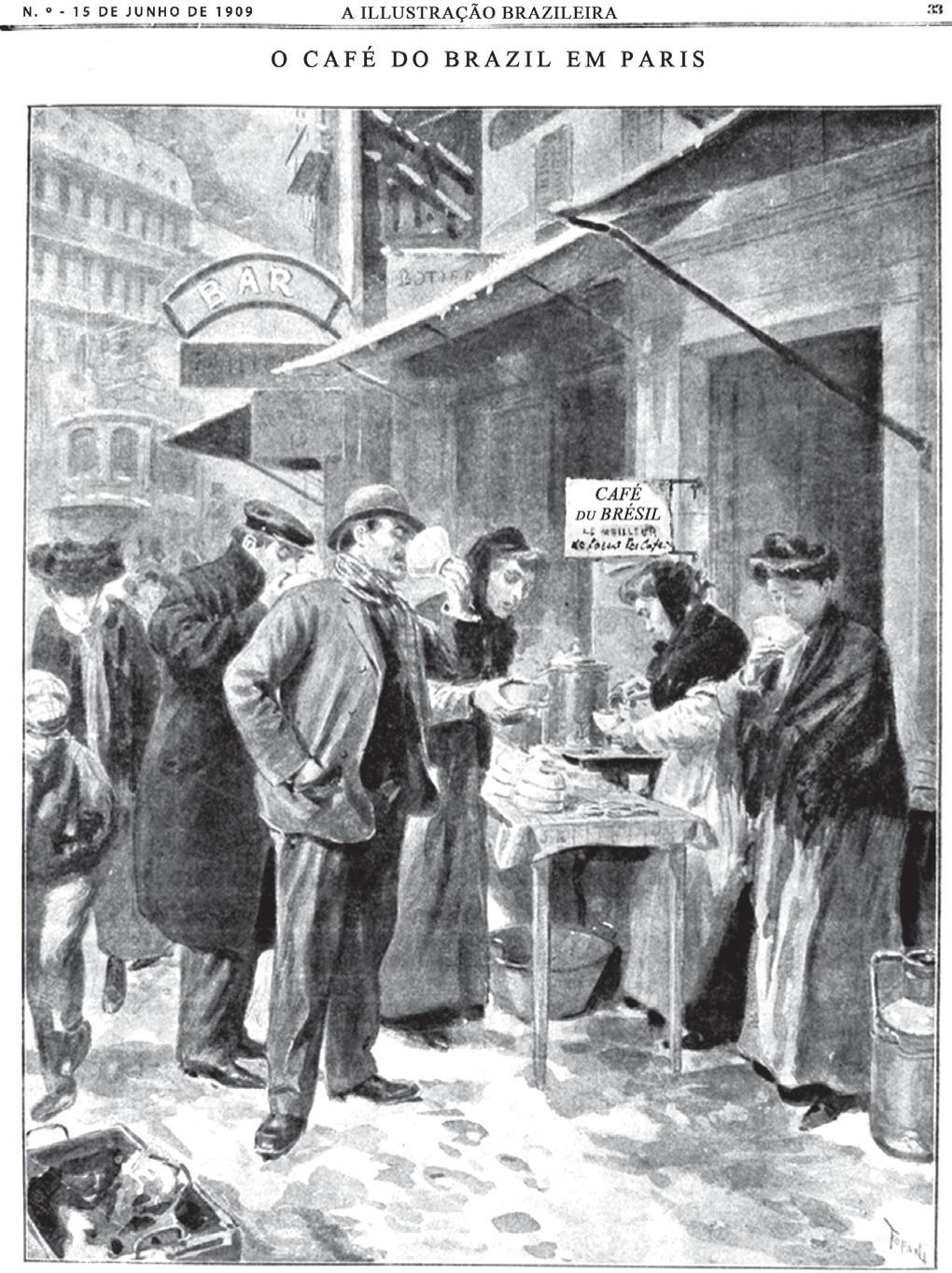 Página de revista de 1909 com o cabeçalho “N.º 2 – 15 de junho de 1909 – A Illustração Brazileira” e o título “O café do Brazil em Paris”: gravura em preto e branco de uma rua de Paris no inverno, onde homens de sobretudo e mulheres de xale tomam café servido em uma barraca com uma placa “Café du Brésil”, ao lado de um bar.