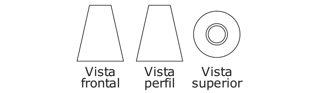 Três desenhos lado a lado com legendas: 'Vista frontal' e 'Vista perfil' são trapézios isósceles iguais, mais estreitos em cima; 'Vista superior' mostra três circunferências concêntricas: uma grande externa, uma média e uma pequena, próximas entre si.