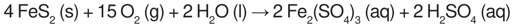 Equação química: 4 FeS₂ (s) + 15 O₂ (g) + 2 H₂O (l) → 2 Fe₂(SO₄)₃ (aq) + 2 H₂SO₄ (aq).