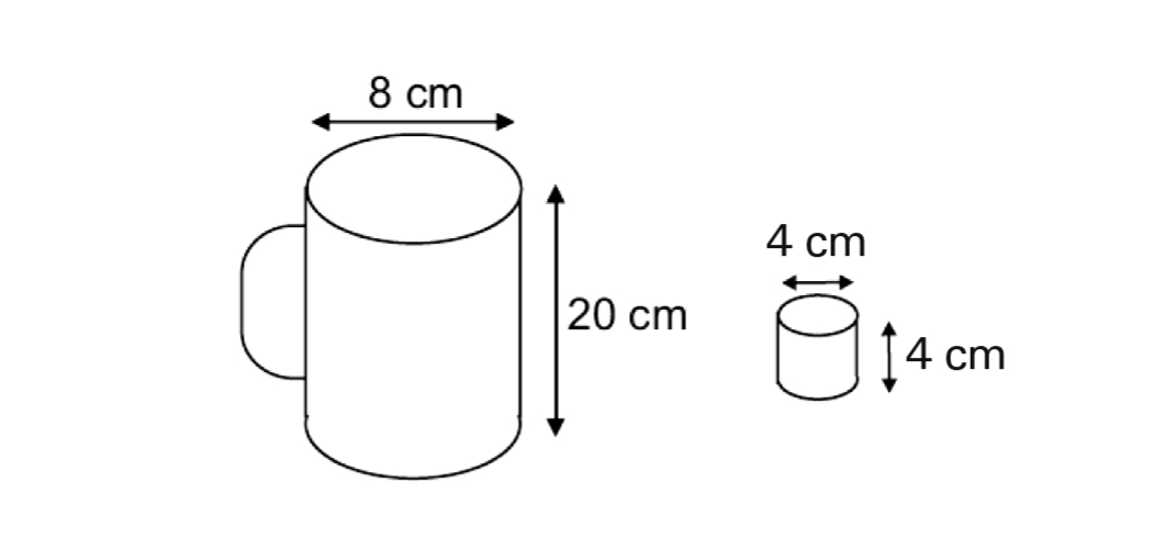 Desenho de uma leiteira cilíndrica com alça, de 8 cm de diâmetro e 20 cm de altura, e, ao lado, um copinho cilíndrico de 4 cm de diâmetro e 4 cm de altura.