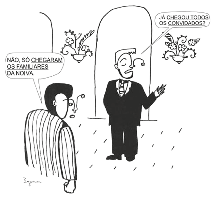 Charge em traço simples: num salão com arcos e vasos de flores nas paredes, um homem de terno preto e gravata, em pé à direita, com a mão erguida, pergunta: “Já chegou todos os convidados?”, com “chegou” sublinhado. À esquerda, de costas, um homem de camisa listrada responde: “Não, só chegaram os familiares da noiva.”, com “chegaram os familiares” sublinhado. Assinatura do cartunista no canto inferior esquerdo.