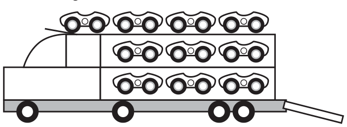 Desenho de um caminhão-cegonha: cabine à esquerda e carreta com três níveis; no nível superior, quatro carrinhos; nos dois níveis abaixo, três carrinhos cada, totalizando dez carrinhos.