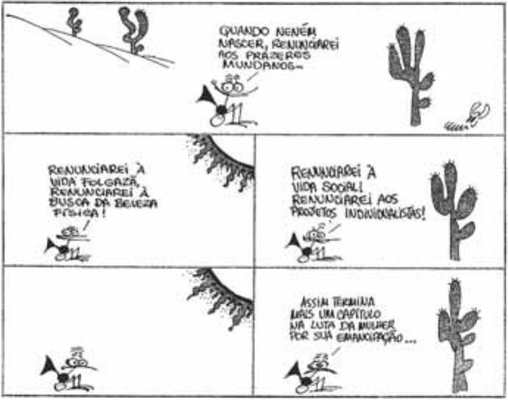 Tirinha de cinco quadros com uma personagem entre cactos e falas impressas.