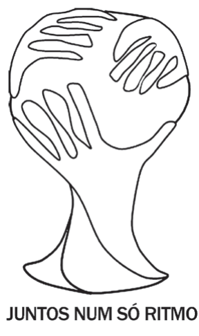 Desenho em contorno da logomarca da Copa do Mundo 2014: três mãos estilizadas que se unem formando a parte de cima da taça, sobre uma haste e uma base; abaixo, o texto “JUNTOS NUM SÓ RITMO”. As regiões da figura são seis, dispostas em sequência: cada uma faz fronteira apenas com a anterior e a seguinte.
