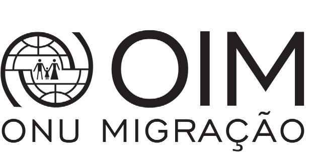 Logotipo da OIM, ONU Migração.
Símbolo circular com linhas de um globo e três figuras humanas, ao lado das letras OIM. Abaixo lê-se ONU MIGRAÇÃO.