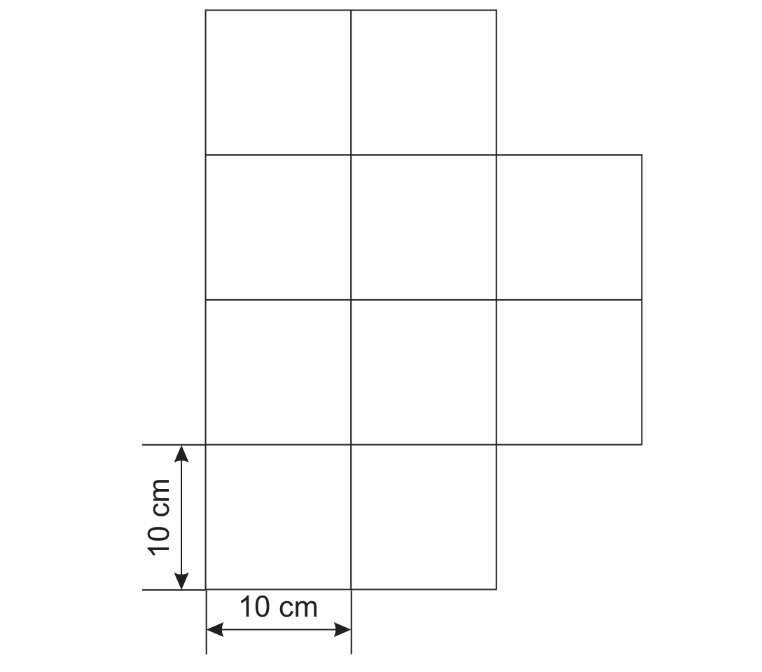 Planta do terreno formada por quadrados iguais dispostos em quatro linhas: dois quadrados na linha de cima (colunas 1 e 2), três na segunda e na terceira linhas (colunas 1 a 3) e dois na linha de baixo (colunas 1 e 2), somando dez quadrados. Cotas indicam 10 cm na largura do quadrado inferior esquerdo e 10 cm na sua altura.
