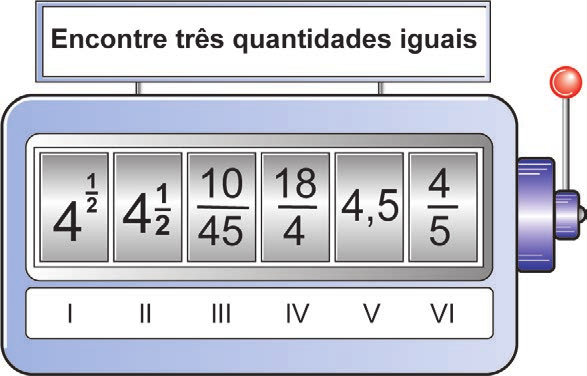 Visor de máquina caça-números com seis valores numéricos.
Posição I: 4 elevado a um meio. Posição II: quatro e um meio. Posição III: 10/45. Posição IV: 18/4. Posição V: 4,5. Posição VI: 4/5.