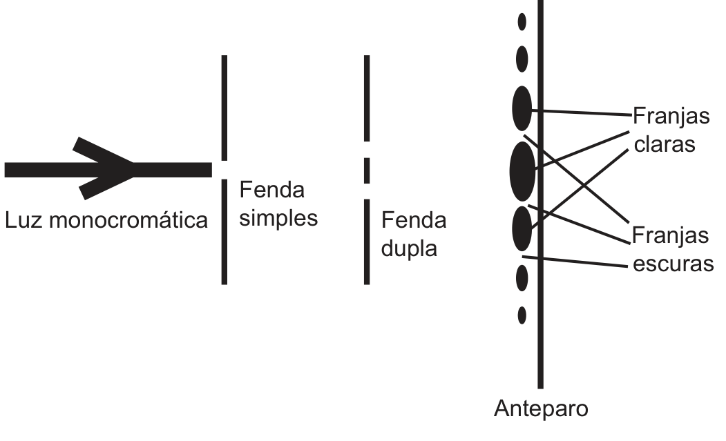 Esquema do experimento: à esquerda, uma seta grossa horizontal rotulada "Luz monocromática" aponta para um anteparo vertical com uma abertura ("Fenda simples"); em seguida, um segundo anteparo vertical com duas aberturas ("Fenda dupla"); à direita, uma linha vertical rotulada "Anteparo" com uma coluna de manchas escuras de tamanhos diferentes, maiores no centro e menores nas extremidades, com indicações "Franjas claras" (apontando para as manchas) e "Franjas escuras" (apontando para os espaços entre elas).