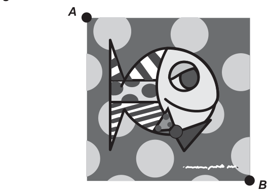 Tela quadrada com um peixe estilizado de cabeça voltada para a direita, sobre fundo com círculos; fixada nos pontos A (canto superior esquerdo) e B (canto inferior direito).