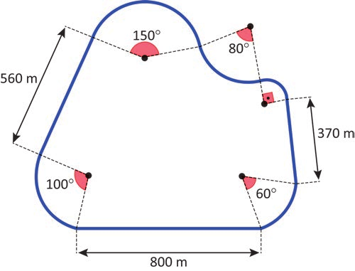 Desenho da pista de automobilismo, traçada em azul, formada por três trechos retilíneos e cinco arcos de circunferência. Cotas externas tracejadas indicam 560 m no trecho superior esquerdo, 800 m na base e 370 m no lado direito. Cinco ângulos centrais estão marcados em vermelho sobre a figura: 150° no arco superior, 80° no arco superior direito, 100° no arco inferior esquerdo, 60° no arco inferior direito e um ângulo reto, assinalado com o quadradinho de 90°, no arco do lado direito.