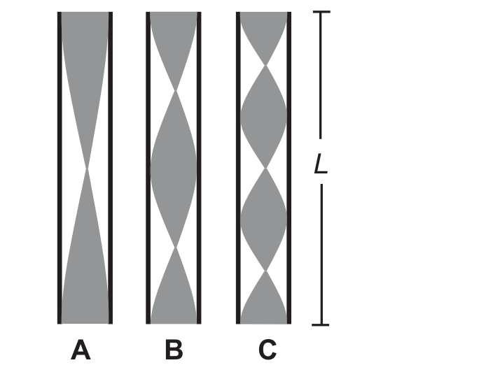 Três tubos verticais de mesmo comprimento, lado a lado, identificados embaixo pelas letras A, B e C. Dentro de cada tubo, uma figura sombreada em forma de fuso representa a onda estacionária: em A, um único fuso, largo nas extremidades e estreitado no meio do tubo; em B, dois fusos, com dois estreitamentos; em C, três fusos, com três estreitamentos. À direita dos tubos, uma barra vertical com a marcação L indica o comprimento dos tubos.