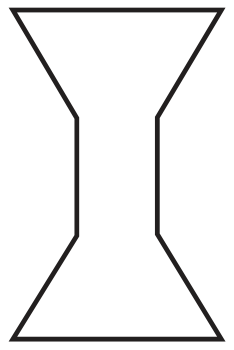 Contorno de uma ampulheta: um trapézio invertido em cima (largo no topo, estreitando para baixo), um retângulo estreito no meio e um trapézio embaixo (estreito em cima, alargando até a base), todos com a mesma altura.