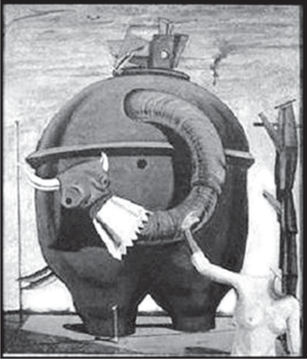 Reprodução em preto e branco da pintura O gigante acéfalo (O elefante Célebes), de Max Ernst: uma grande forma arredondada e metálica, semelhante a uma caldeira, com pernas curtas, uma tromba de elefante curvada que termina em uma cabeça de touro com presas e um colarinho branco serrilhado; no topo, um pequeno aparato mecânico; à direita, um manequim feminino sem cabeça com o braço erguido, sobre um chão escuro e um céu com fumaça.